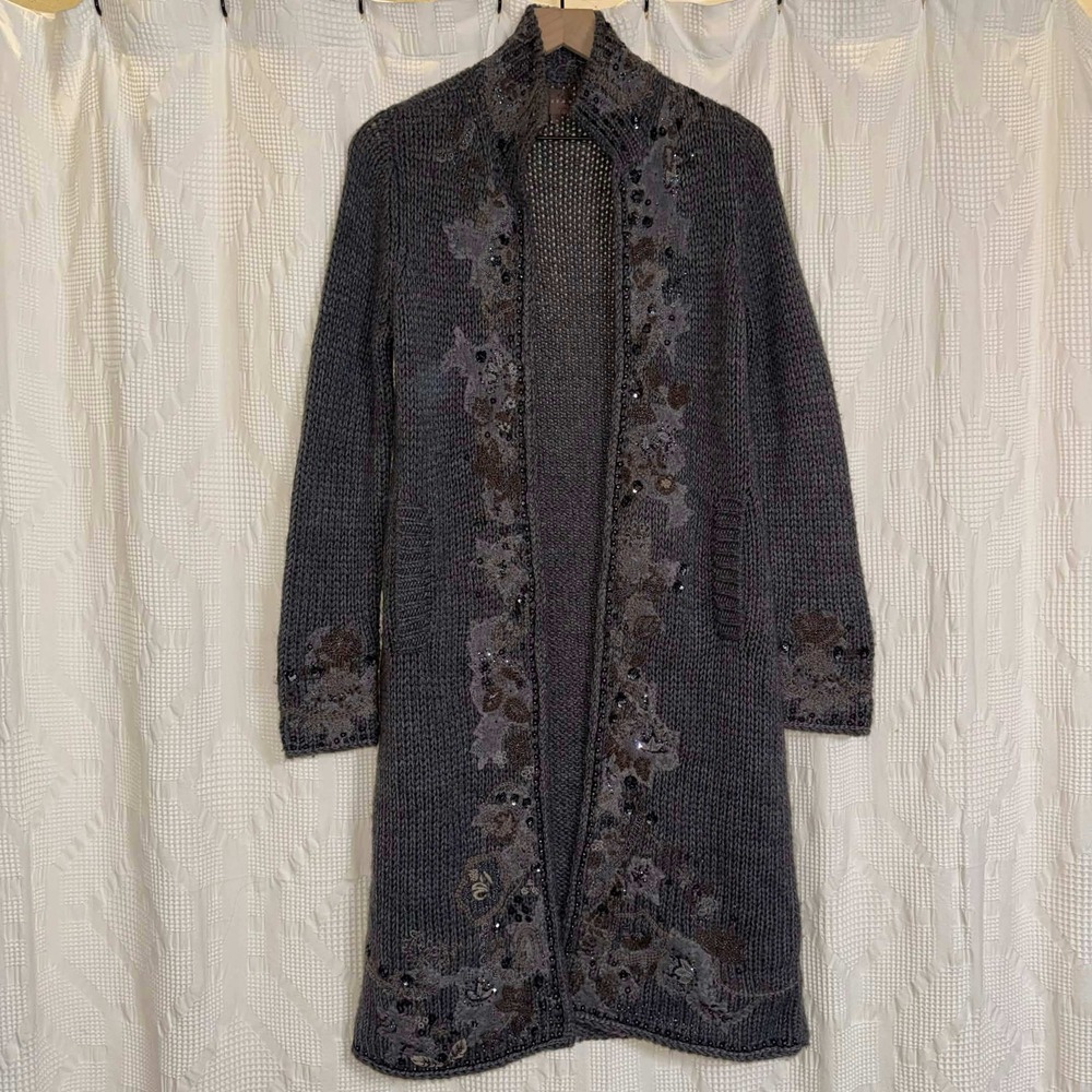 Jigsaw Cardigan Grey Floral Embroidered Sequin Whimsigoth Cottage Alpaca Wool M